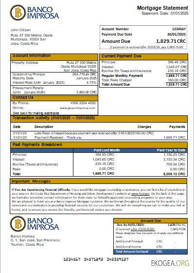 Costa Rica Banco Improsa relevé hypothécaire bancaire scr